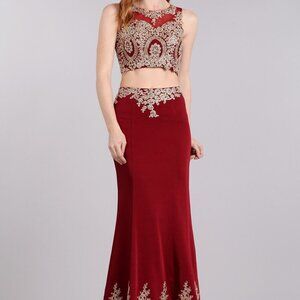 2 pc Burgundy Gold Lace Bodycon Dress 1612
